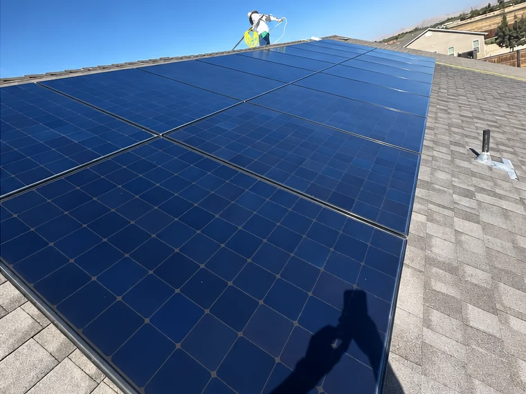 After: a rooftop solar array dulled grey by Central Valley dust