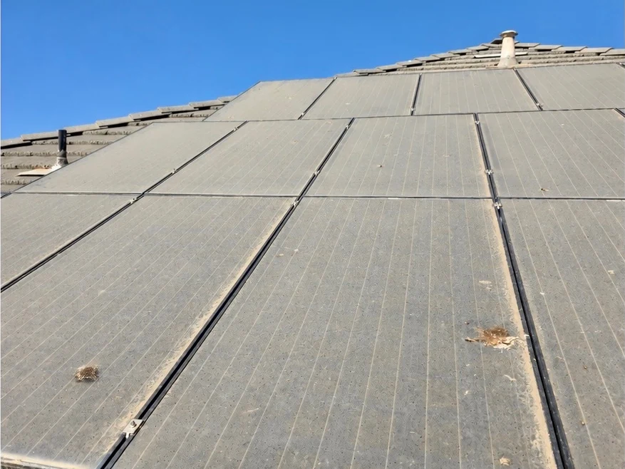 Before: a tile-roof solar array coated in dust with bird droppings